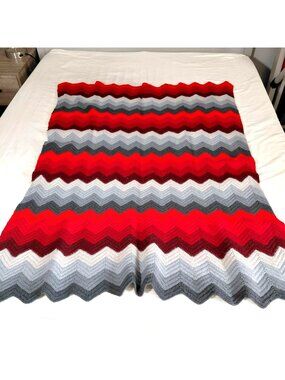 Handmade Chevron Afghan Blanket Throw 57x47 Red Gray Knit Ripple Striped Cozy